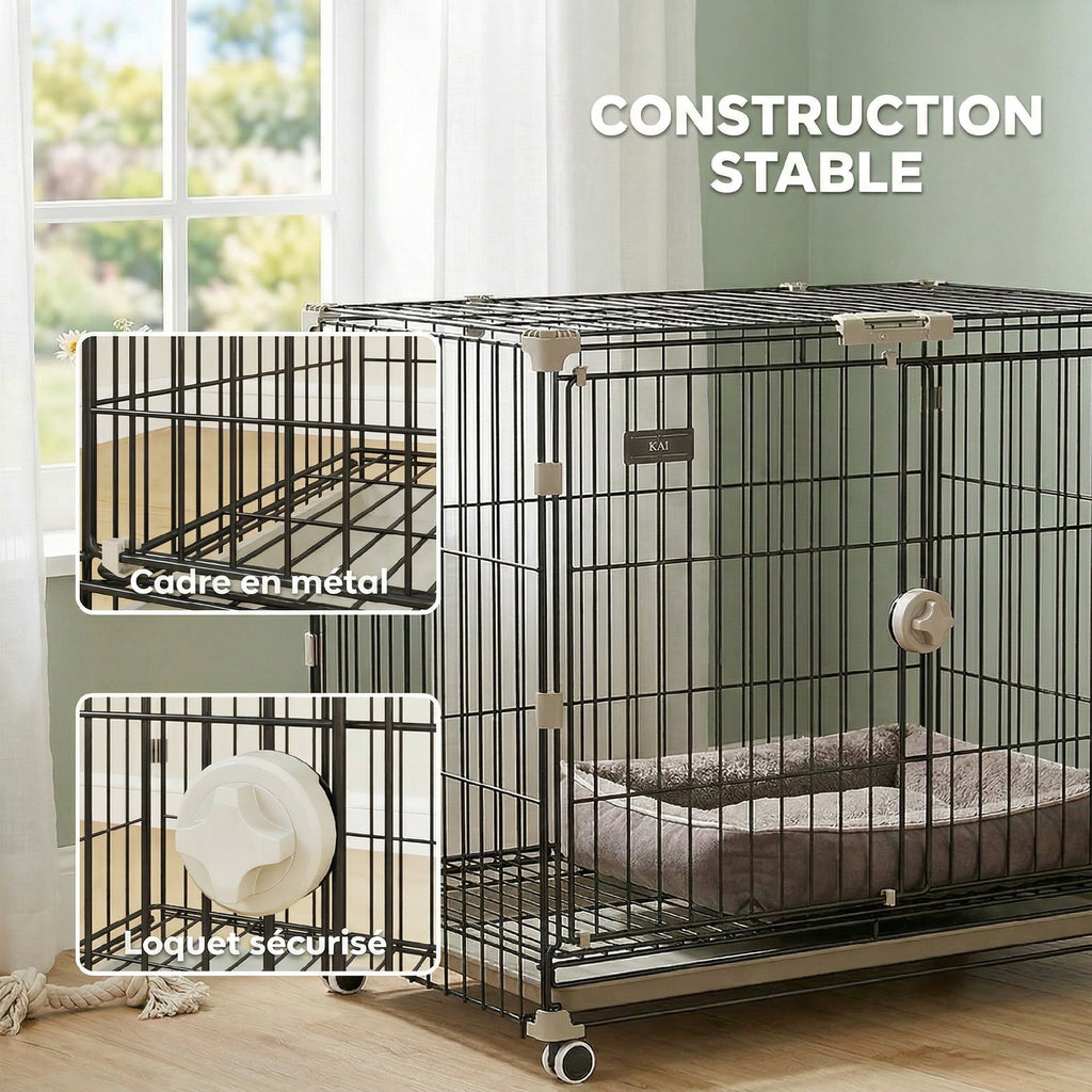 Cage pour Chien, Plateau Amovible, Roues avec Freins, Toit Ouvrant Verrouillable, 75,5x46x64,5cm, Noir-4