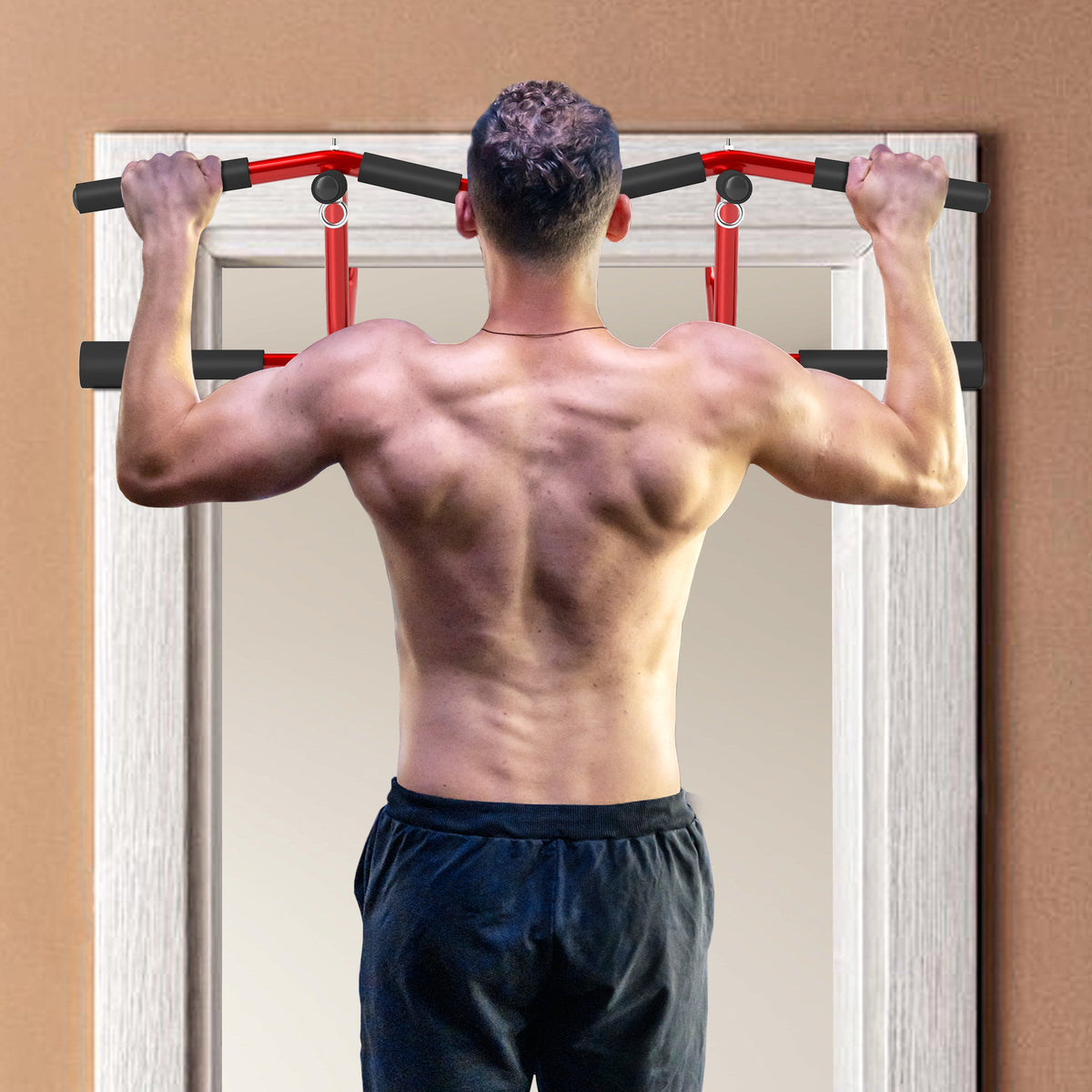 Barre de Traction Porte et Pompes au Sol Sans Perçage Pull Up Bar 2 en 1 150 kg Sécurité Anti-Chute 96x46x30,5cm Rouge-1