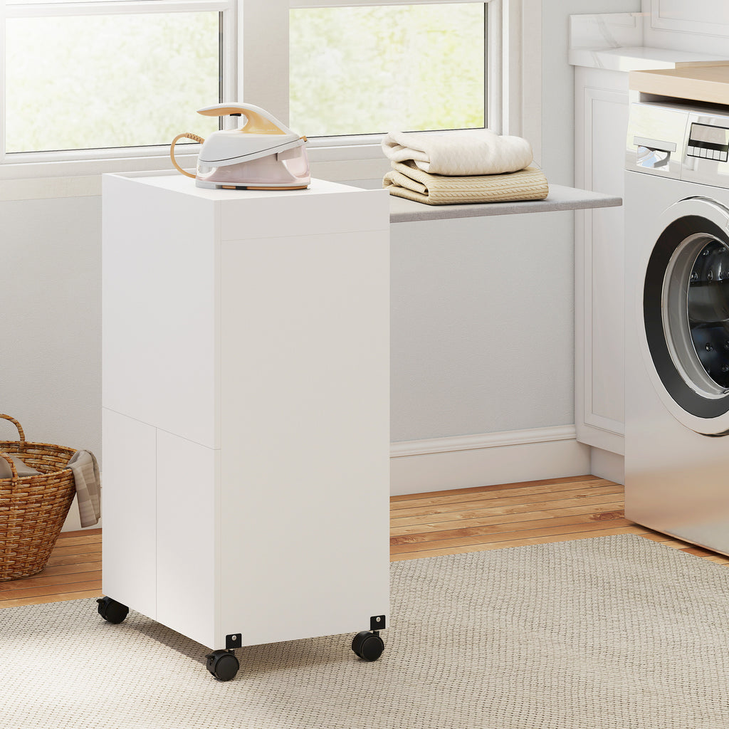 Meuble à repasser, table à repasser pliante sur roulettes avec portes par pression, charnières à fermeture douce, blanc-9