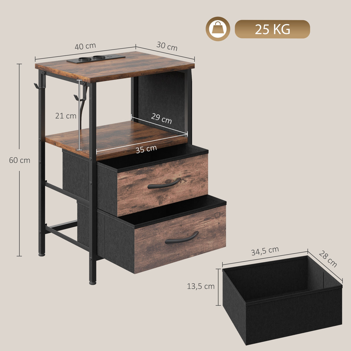 Table d'Appoint, Bout de Canapé, 2 Tiroirs et Sac de Rangement, Station de Charge, 40x30x60cm, Brun Rustique et Noir-2