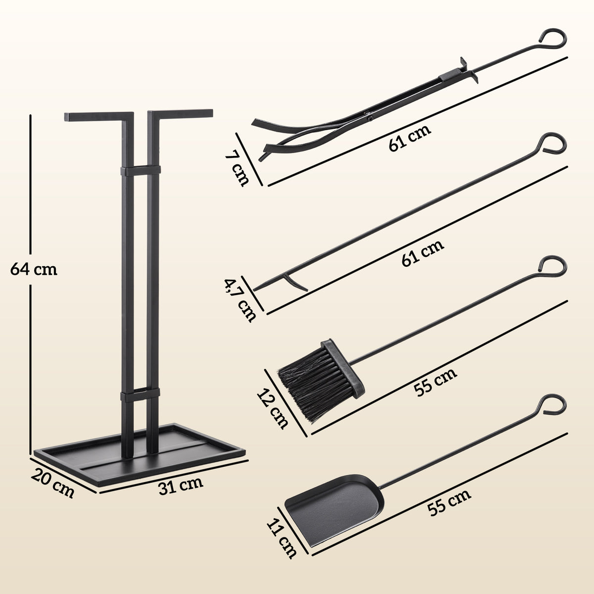 Ensemble serviteur de cheminée 5 pièces, outils de cheminée, en métal, balai, pelle, pince, tisonnier et support, noir-2