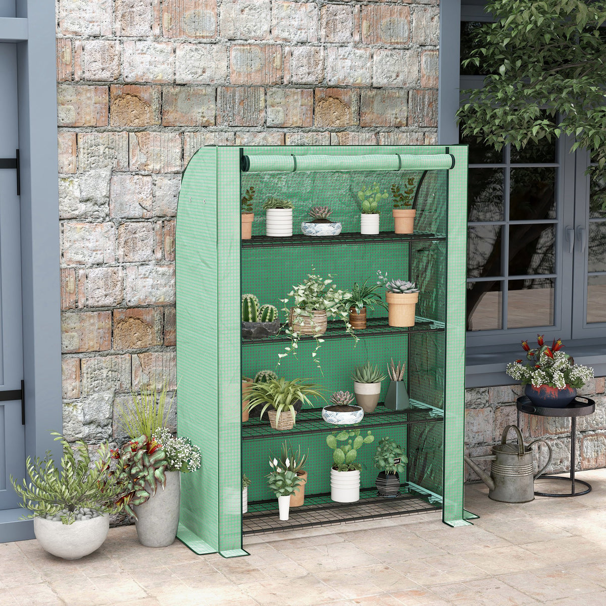 Mini serre de jardin à 4 étages avec bâche PE renforcée, porte enroulable et étagères 120 x 50 x 170 cm, vert-9
