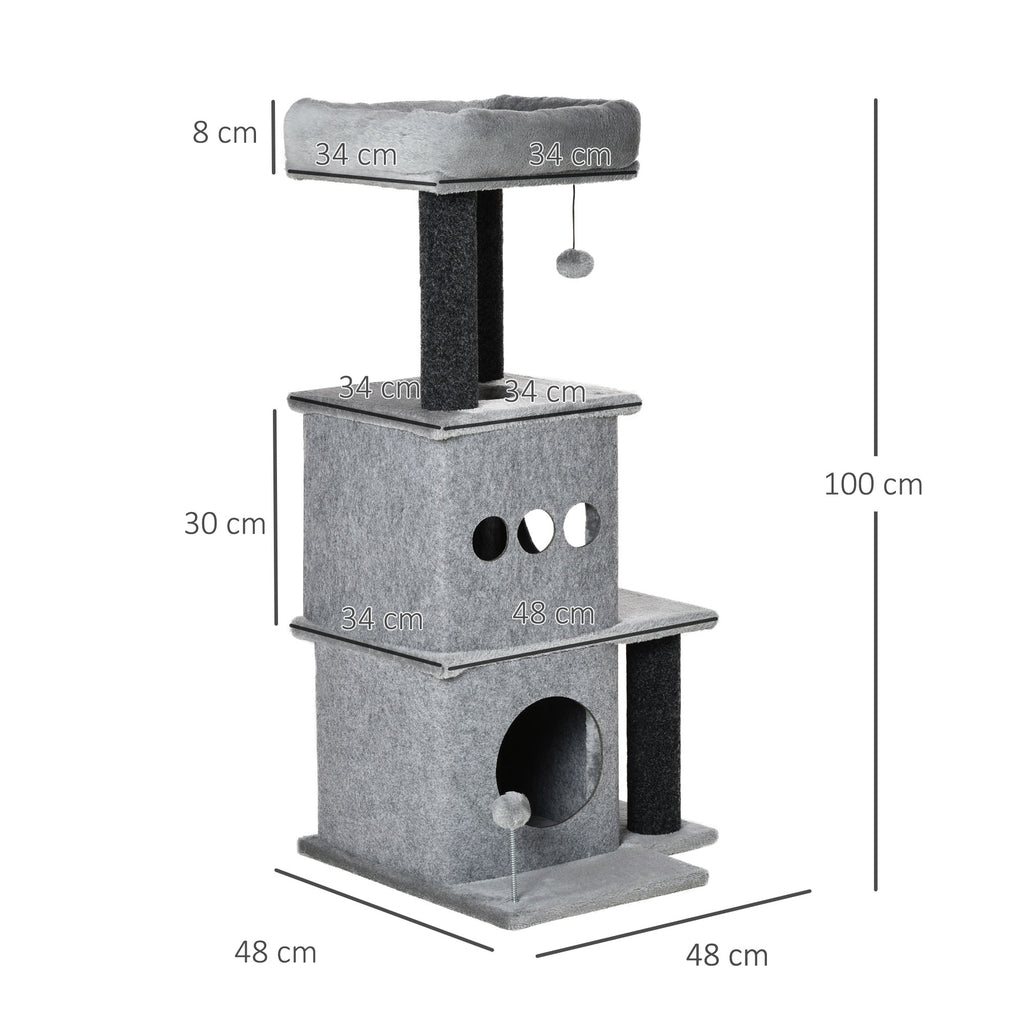 Arbre à chats design cosy chic multi-équipements centre d'activités niches plateformes lit jeu boule feutres amovibles lavables panneaux de particules peluche courte 48 x 48 x 100 cm gris-2
