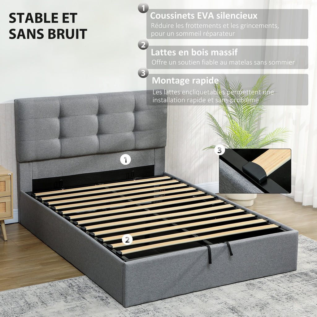 Lit coffre 140x190, cadre de lit double rembourré avec sommier à lattes en bois et rangement cach, sans matelas, gris-6