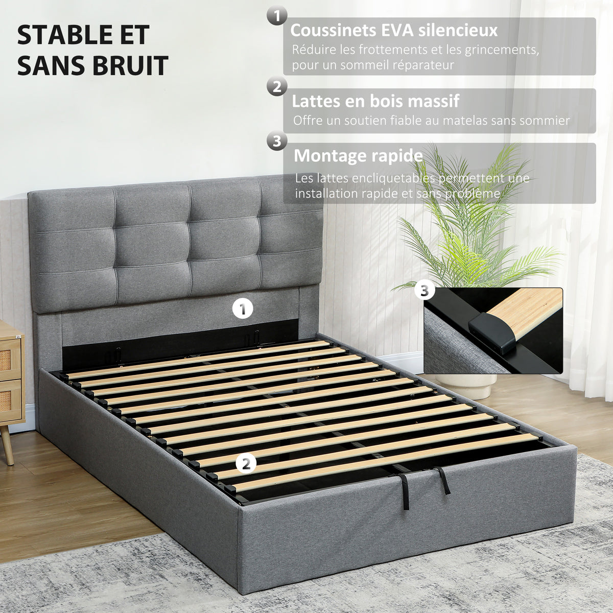 Lit coffre 140x190, cadre de lit double rembourré avec sommier à lattes en bois et rangement cach, sans matelas, gris-6