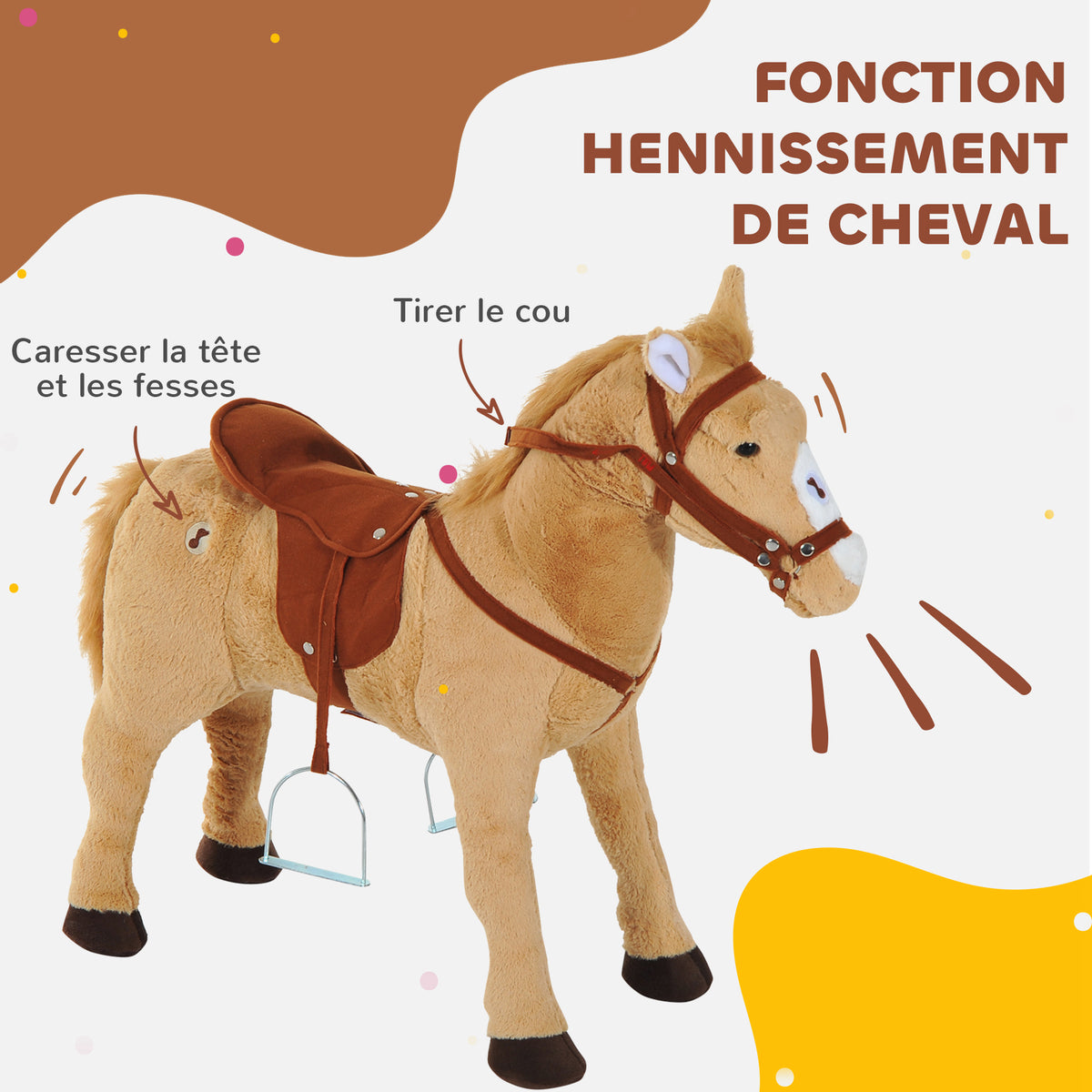 Cheval debout en peluche pour enfant à partir de 2 ans avec effets sonores selle et bride 85 cm (longueur) beige-4