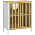 Meuble sous vasque 2 portes avec étagère réglable armoire de rangement pour lavabo 60 x 30 x 70 cm MDF et bambou-0