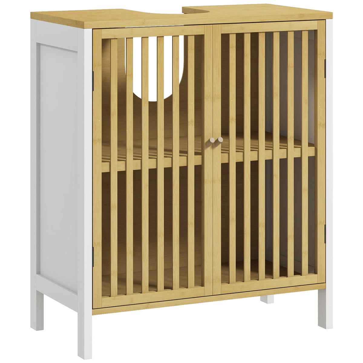 Meuble sous vasque 2 portes avec étagère réglable armoire de rangement pour lavabo 60 x 30 x 70 cm MDF et bambou-0