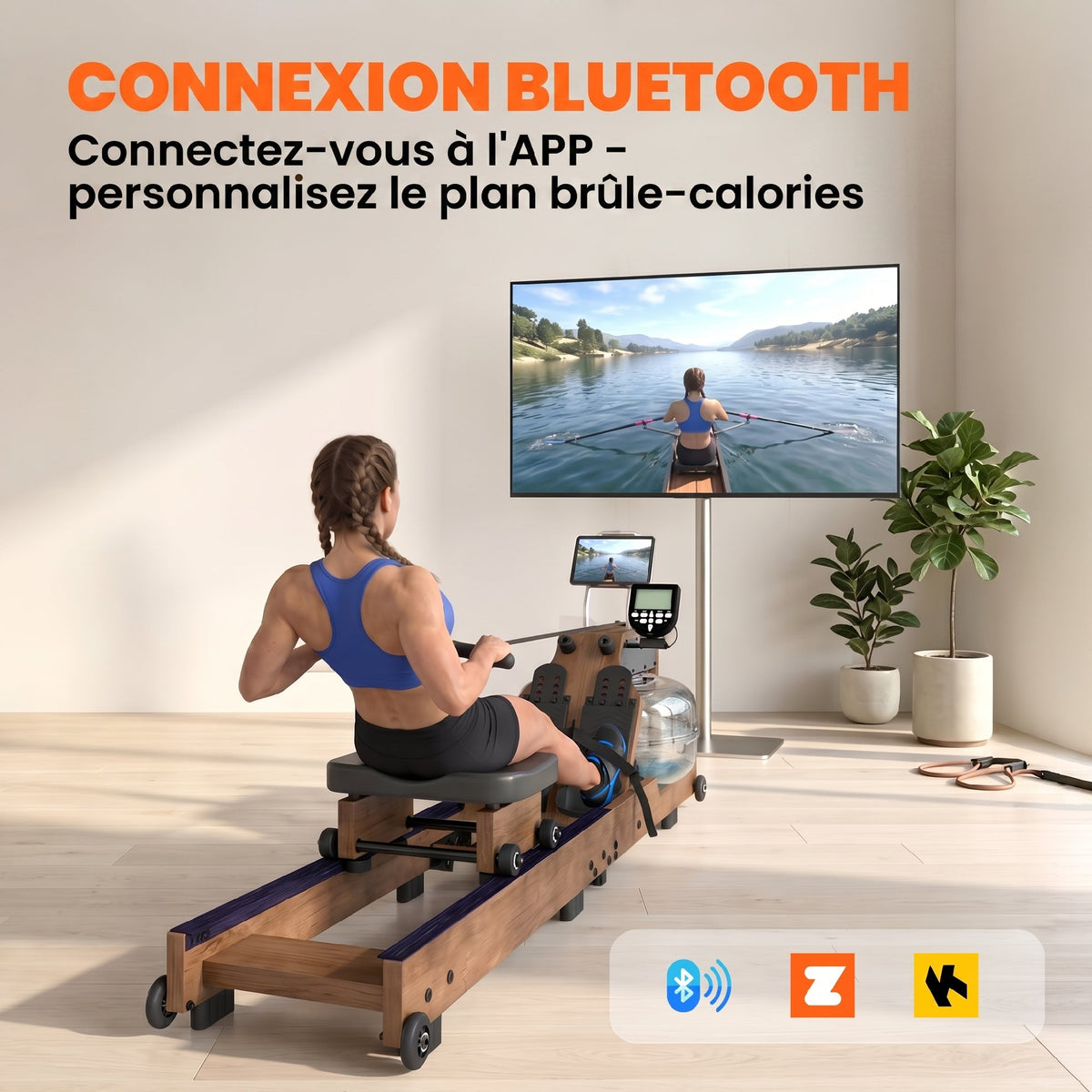 Rameur à Eau Rameur Appartement Pliable Double Rail Capacité 158kg Connexion Bluetooth 182x42x67cm Chêne-3