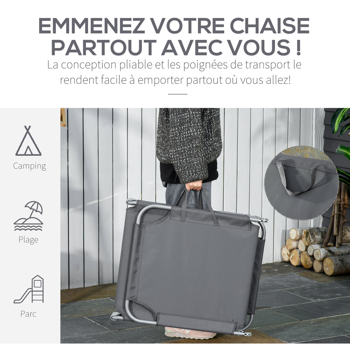Bain de Soleil transat Pliable Dossier réglable Multipositions métal et Polyester Gris-4