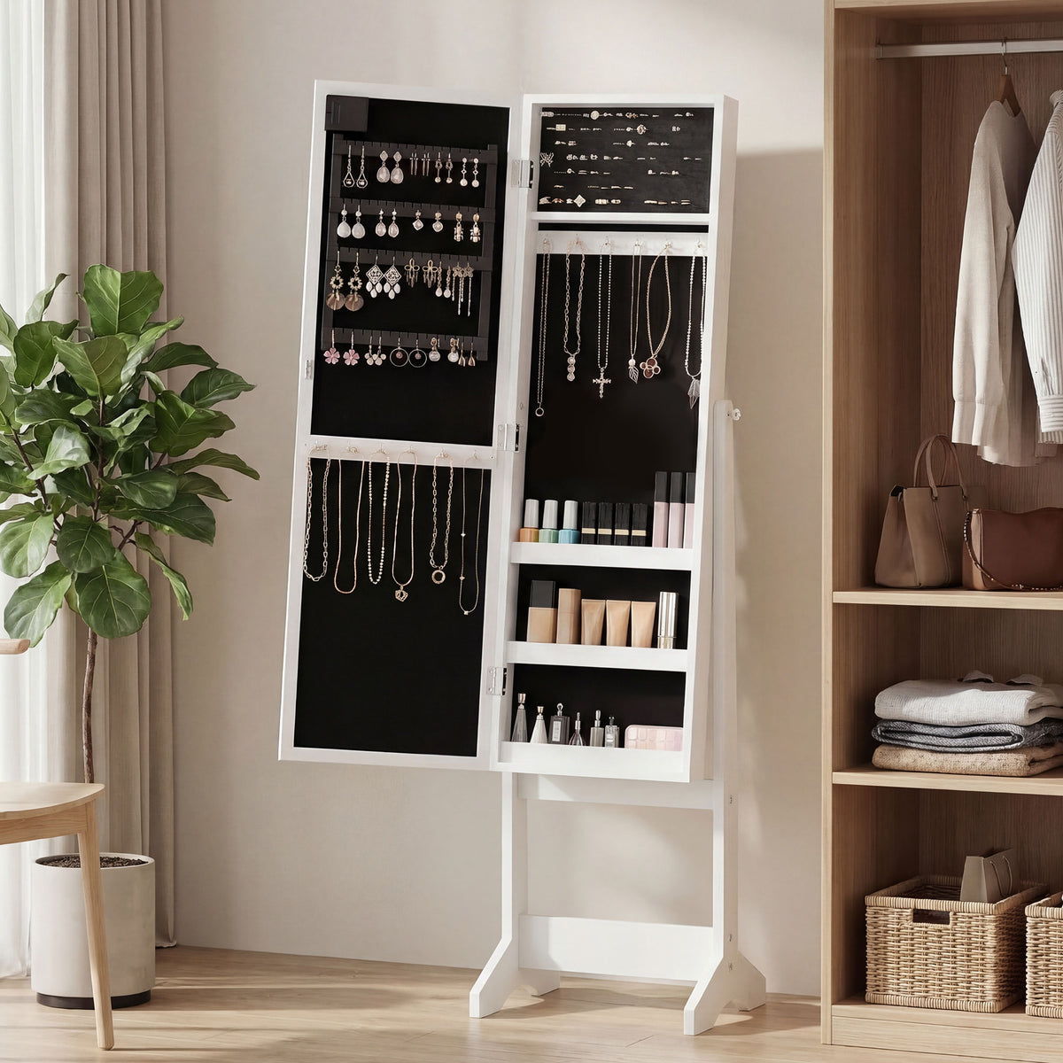 Armoire à bijoux armoire de rangement sur pieds boîte à bijoux avec miroir multi-rangements éclairage LED blanc-8