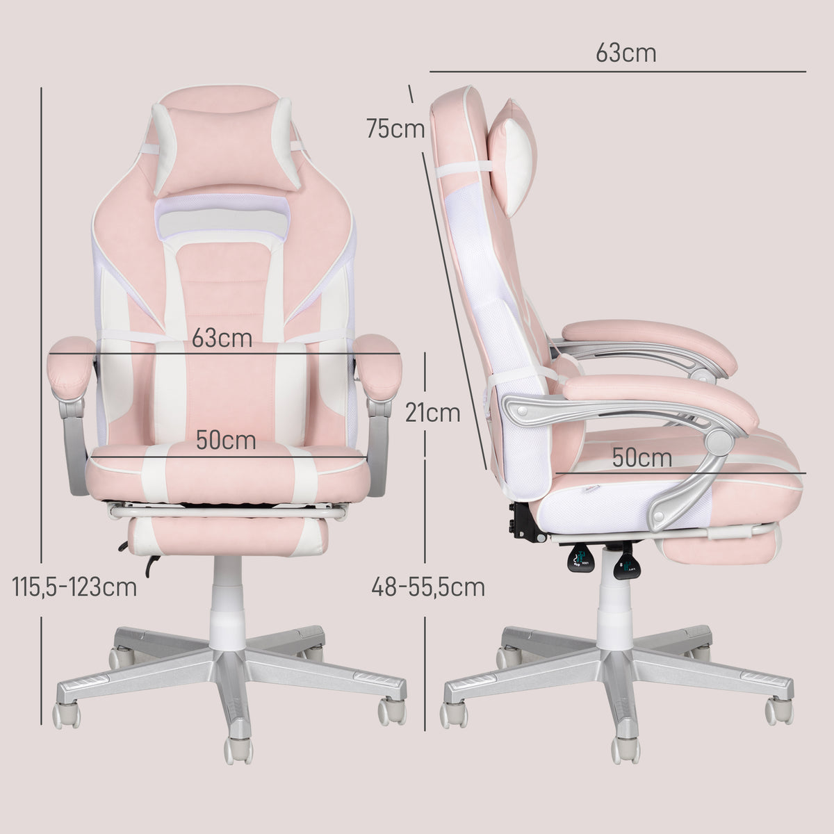 Chaise gaming, fauteuil gaming ergonomique avec repose-pieds, hauteur réglable, dossier inclinable, 63x63x123cm, rose-2