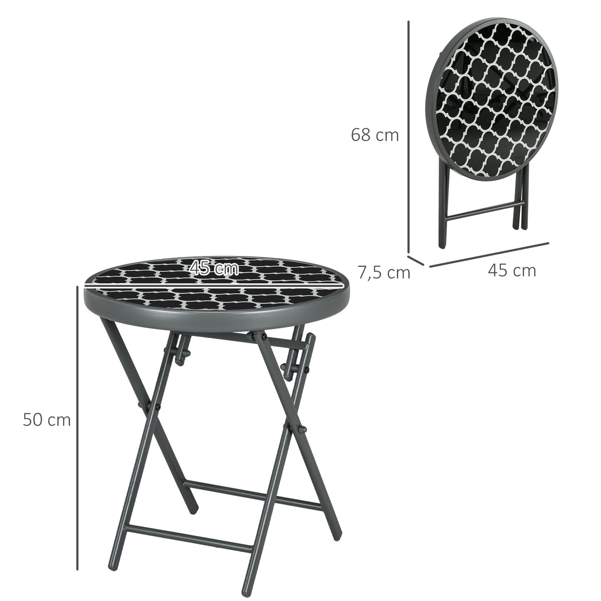 Table basse pliante table d'appoint pliante plateau en verre trempé motifs noirs et blancs en métal Ø 45 x 50 cm noir-2
