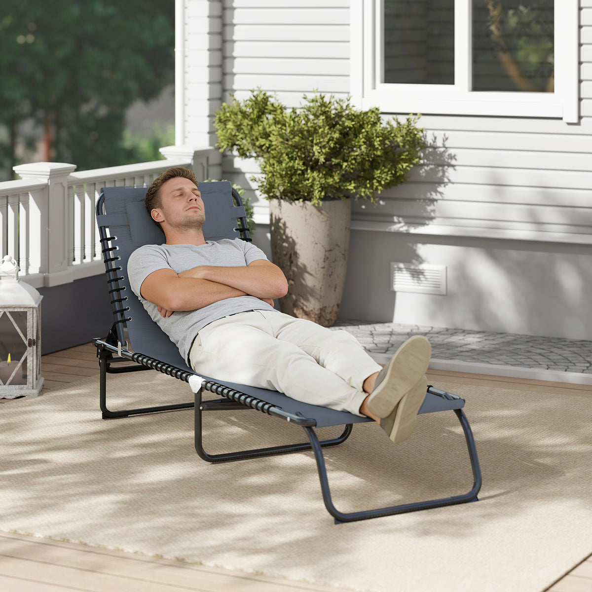 Bain de Soleil transat Pliable Dossier inclinable Multi-Positions Acier thermoplastique Lacets élastiques Noir-7
