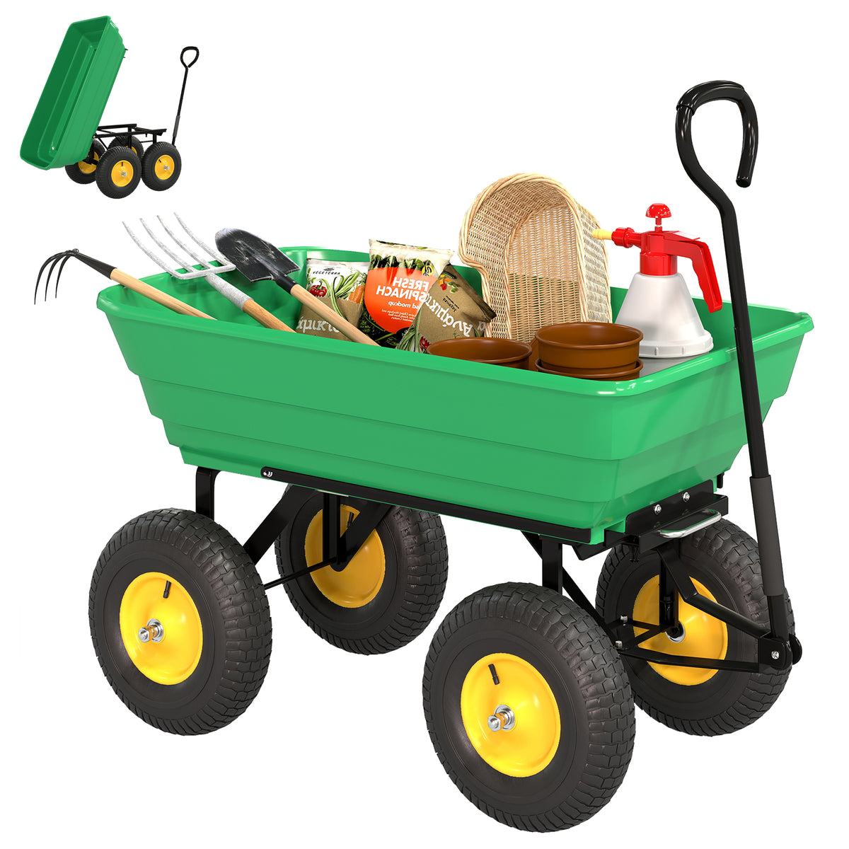 Chariot de Jardin à Main Benne basculante 75° 75L Charge Max. 200 Kg 4 Roues pneumatiques Acier PP Jaune Vert-0