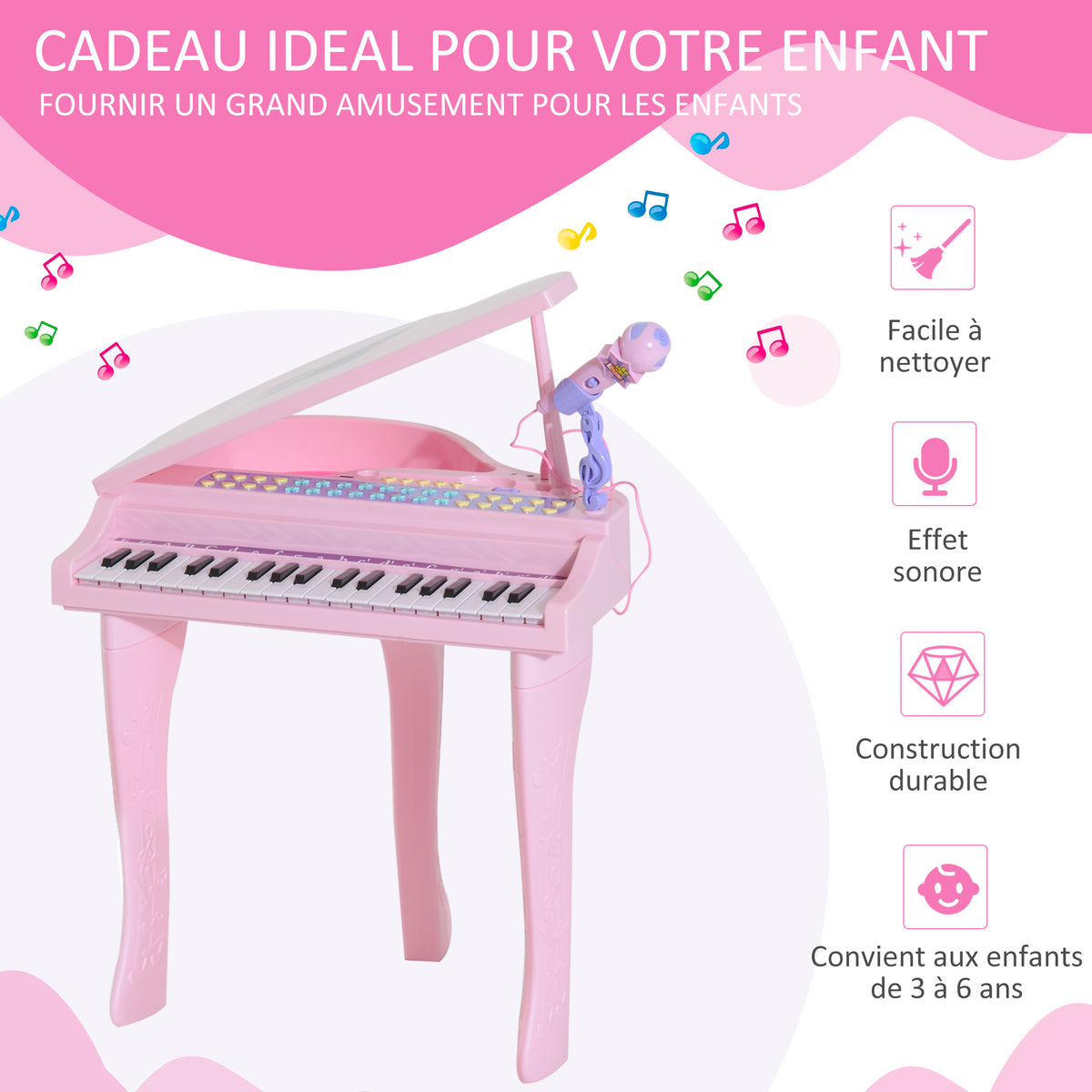 Piano à Queue électronique 37 Touches Multifonctions avec Micro Haut Parleur Rose-3