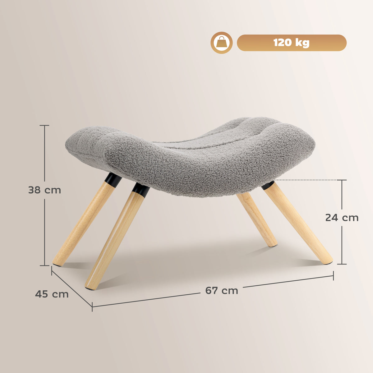 Repose pied salon ottoman pouf salon tabouret de canapé en tissu avec pieds en bois d'hévéa, siège rembourré, gris-2
