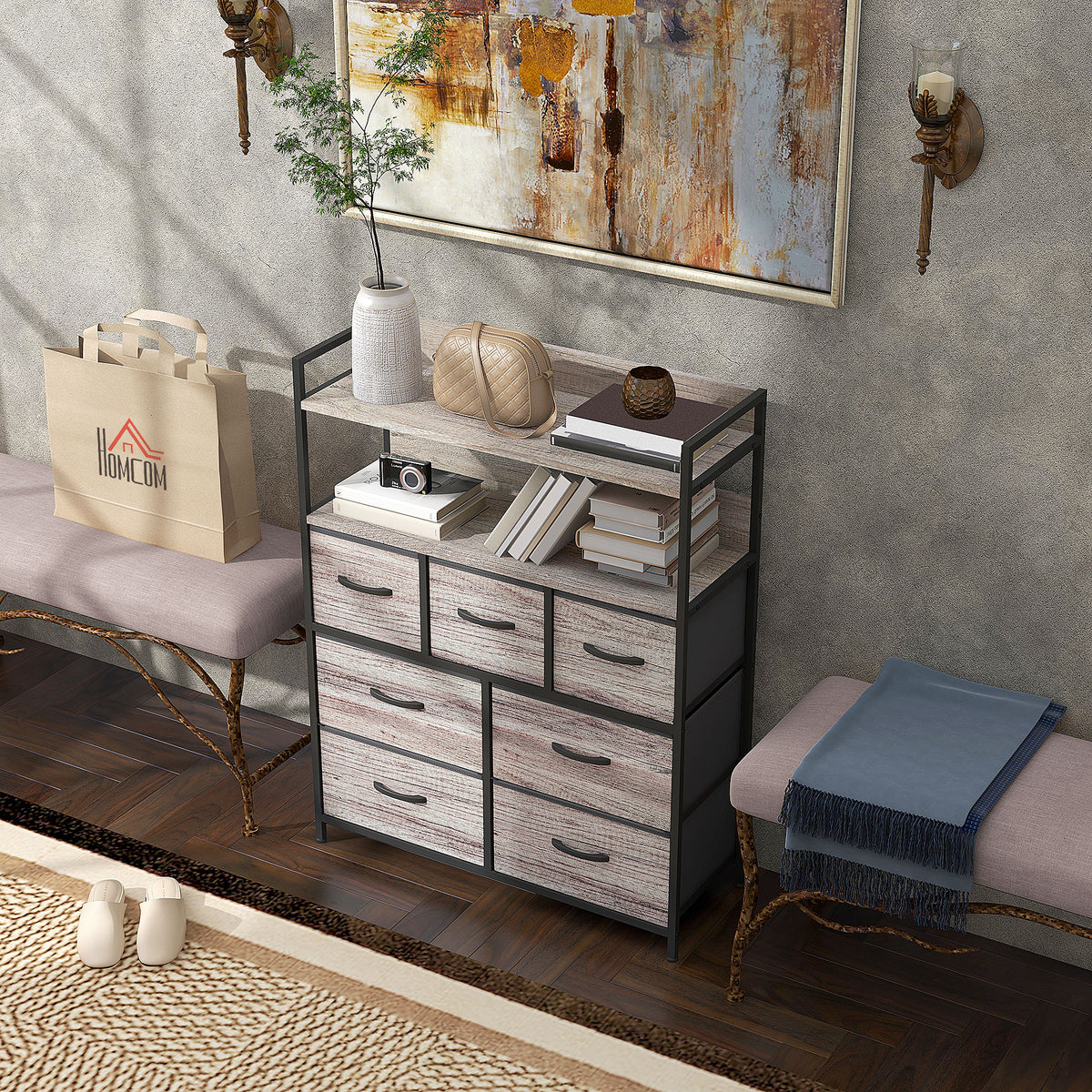 Meuble de rangement commode 7 tiroirs en tissu pliables et amovibles étagères ouvertes, gris-9