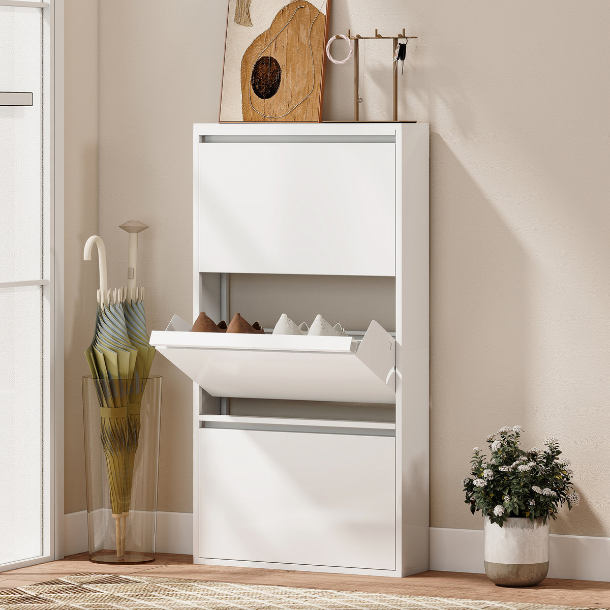 Meuble à Chaussures en Métal 6 Paires, Armoire à Chaussures Étroite avec 3 Tiroirs Rabattables, 55x15x105,5cm, Blanc-1