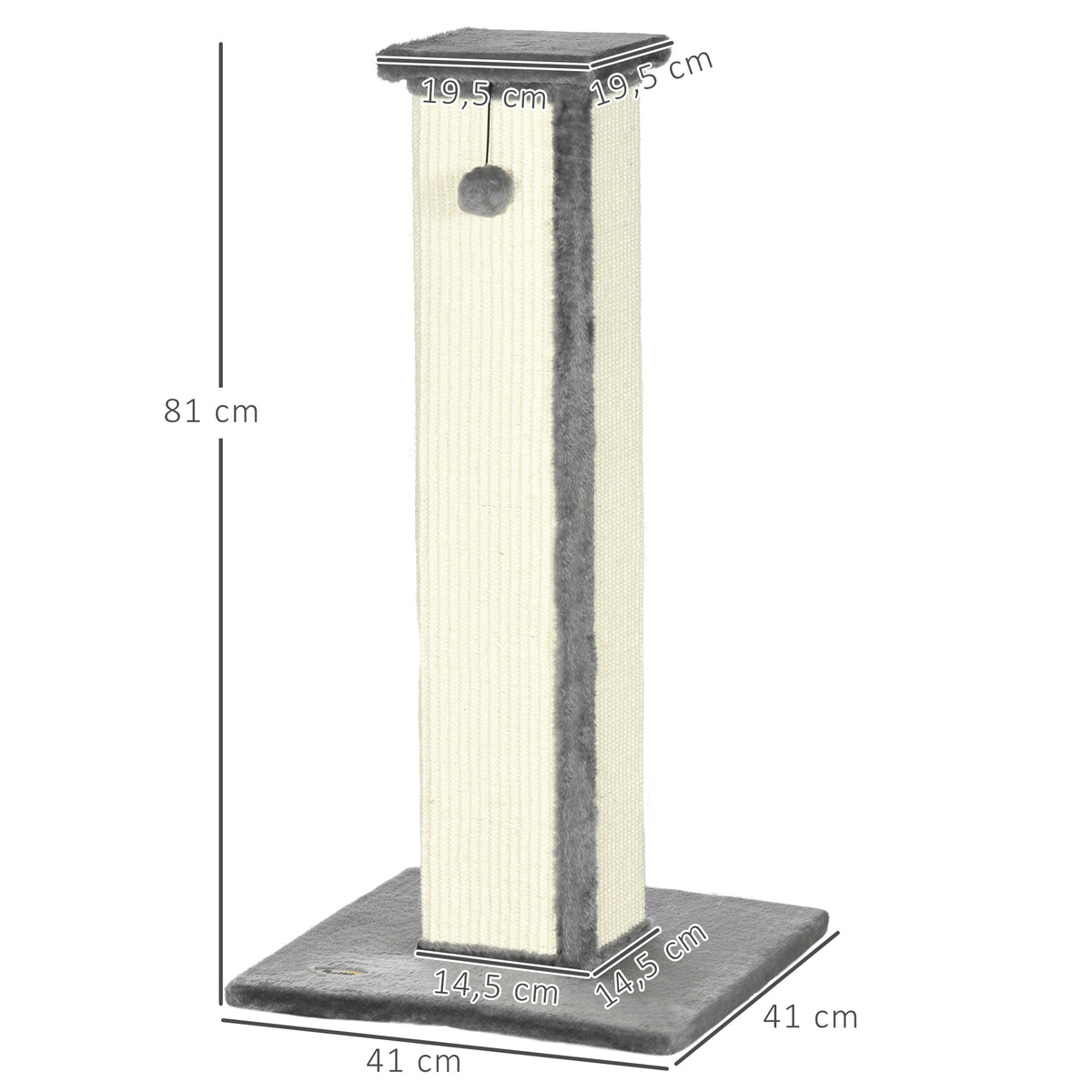 Griffoir pour chat poteau griffoir chat en sisal et peluche, boule suspendue base stable 41 x 41 x 81 cm gris et crème-2