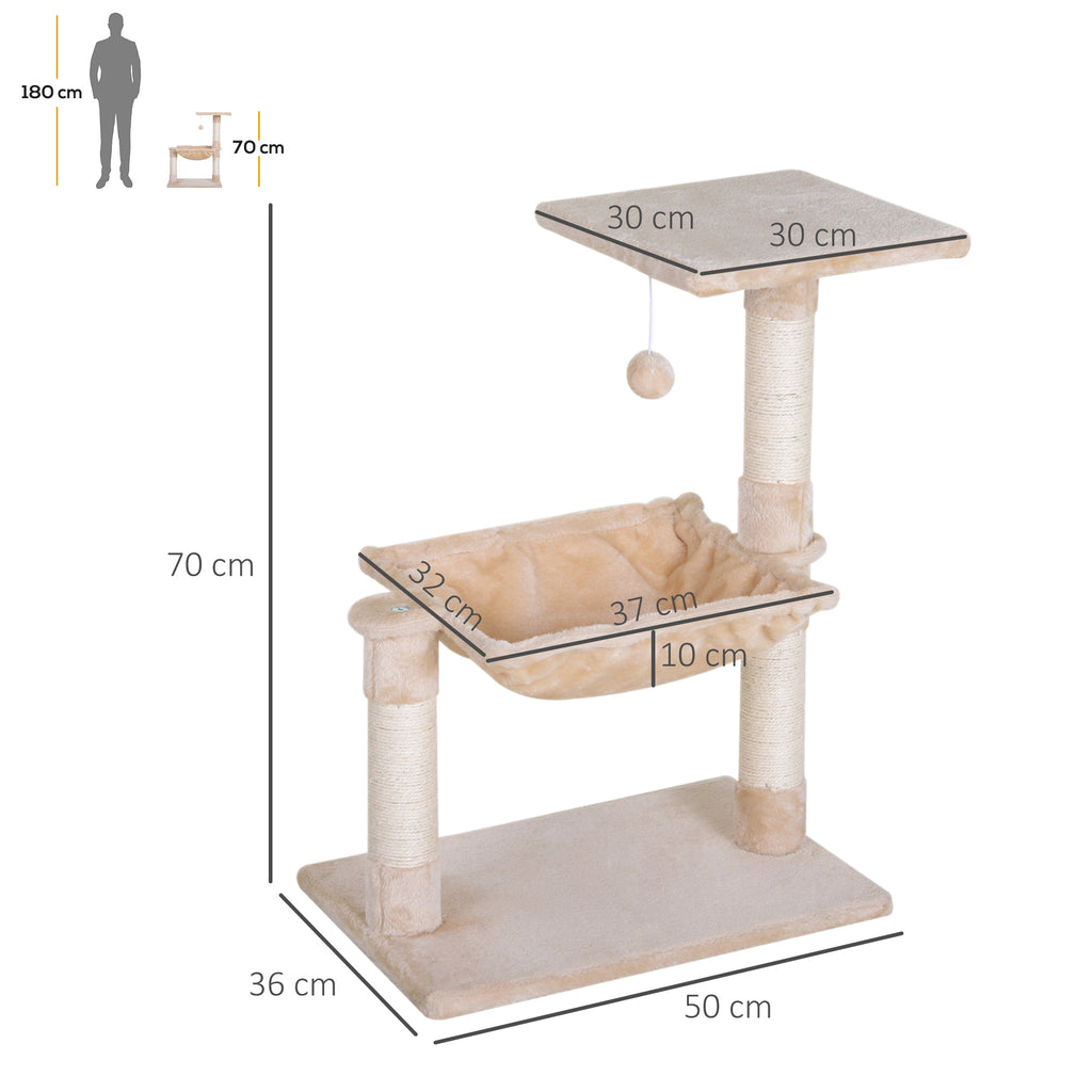 Arbre à chat 3 griffoirs grattoirs sisal naturel plateforme hamac et boule suspendue dim. 50L x 36l x 70H cm peluche courte beige-2
