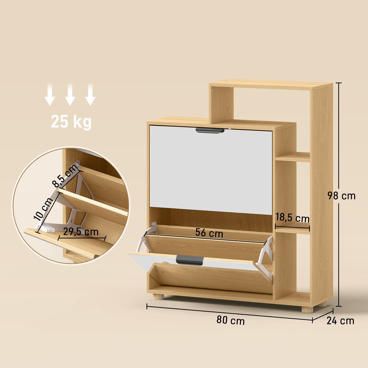 Meuble à Chaussures 10 Paires, Armoire à Chaussures, Portes en Miroir, 2 Tiroirs et Compartiments Ouverts, Chêne-2