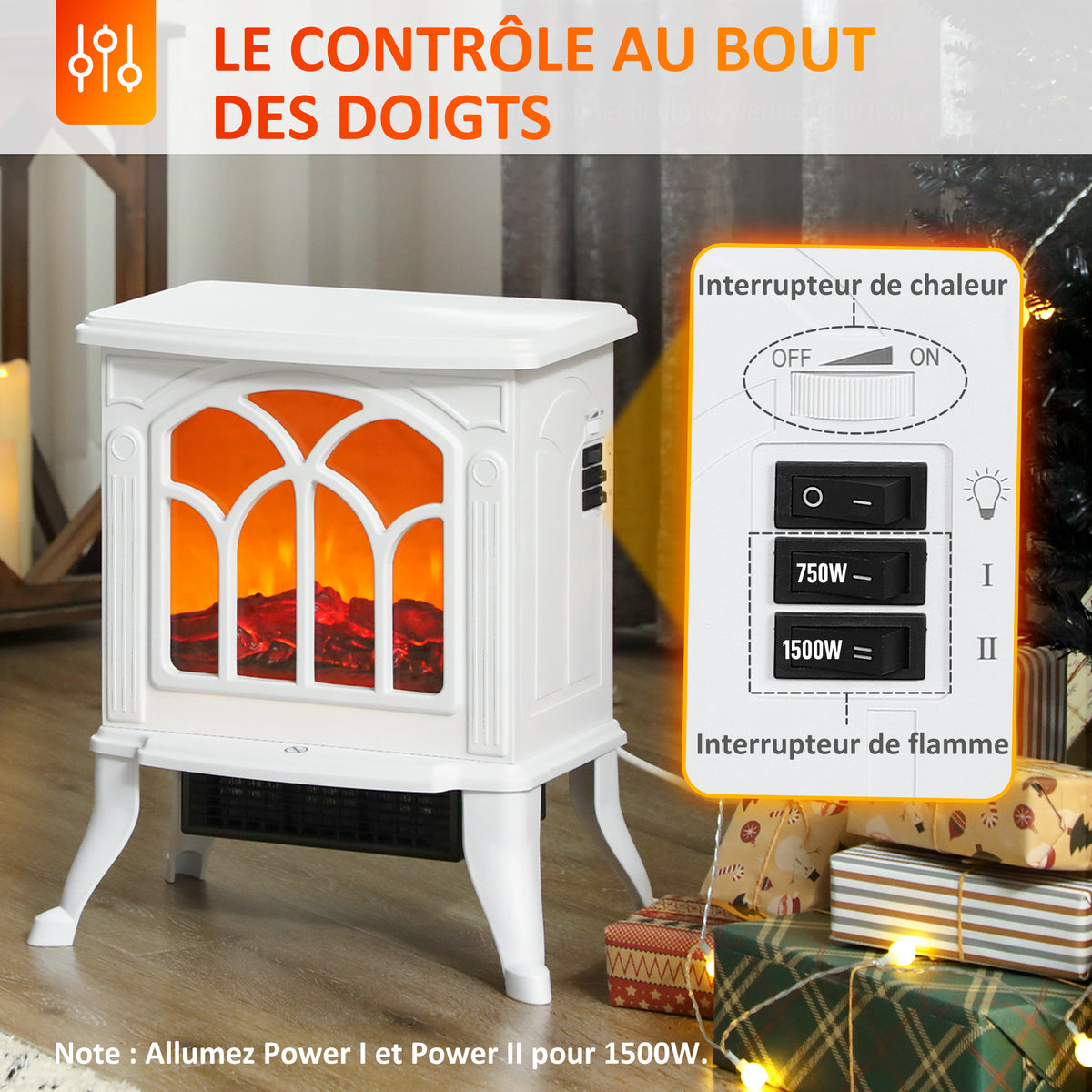 Cheminée électrique sur pied 750/1500 W, fausse cheminée décorative avec effet flamme LED, 37,3 x 23,1 x 44 cm, blanc-3