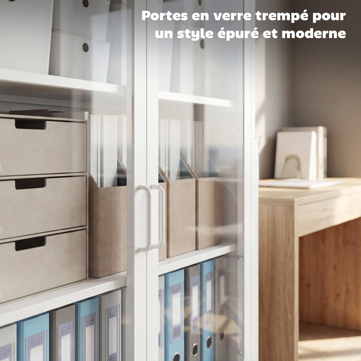 Armoire de bureau avec 2 portes en verre, 2 étagères réglables, meuble de rangement bureau en acier, 80x40x110cm, blanc-3