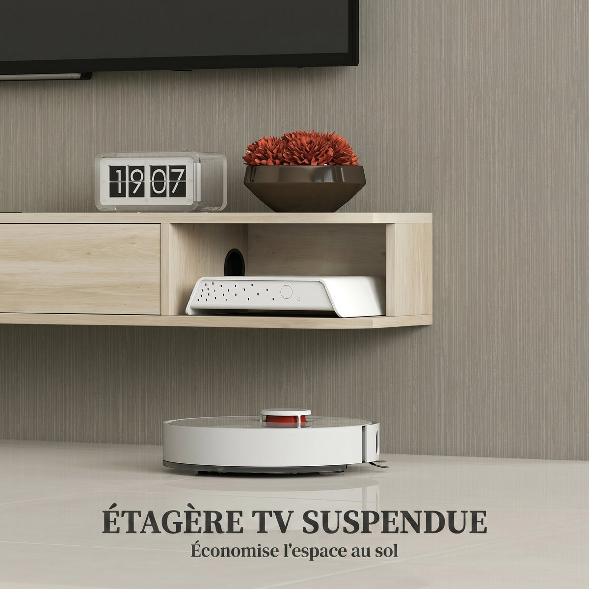 Meuble TV suspendu, meuble télé pour téléviseur jusqu'à 60 pouces, tiroir rabattable 2 étagères 140x24x16cm bois naturel-3
