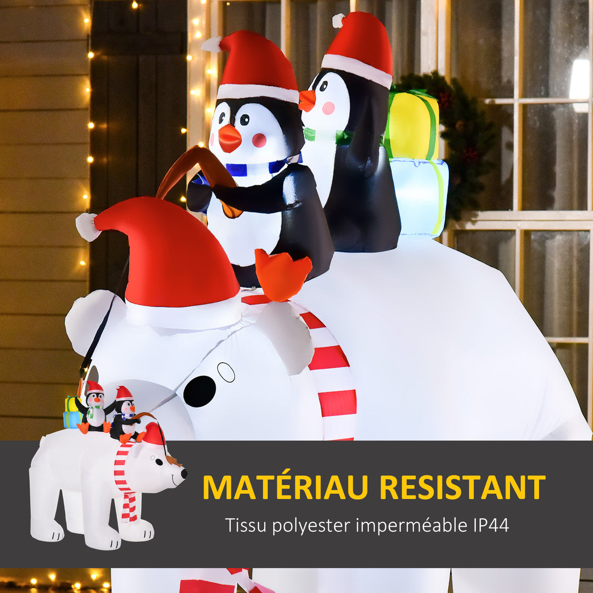 Ours Polaire Gonflable de Noël avec Lumières LED 206cm Décoration Gonflable de Noël Imperméable avec 2 Pingouins-4