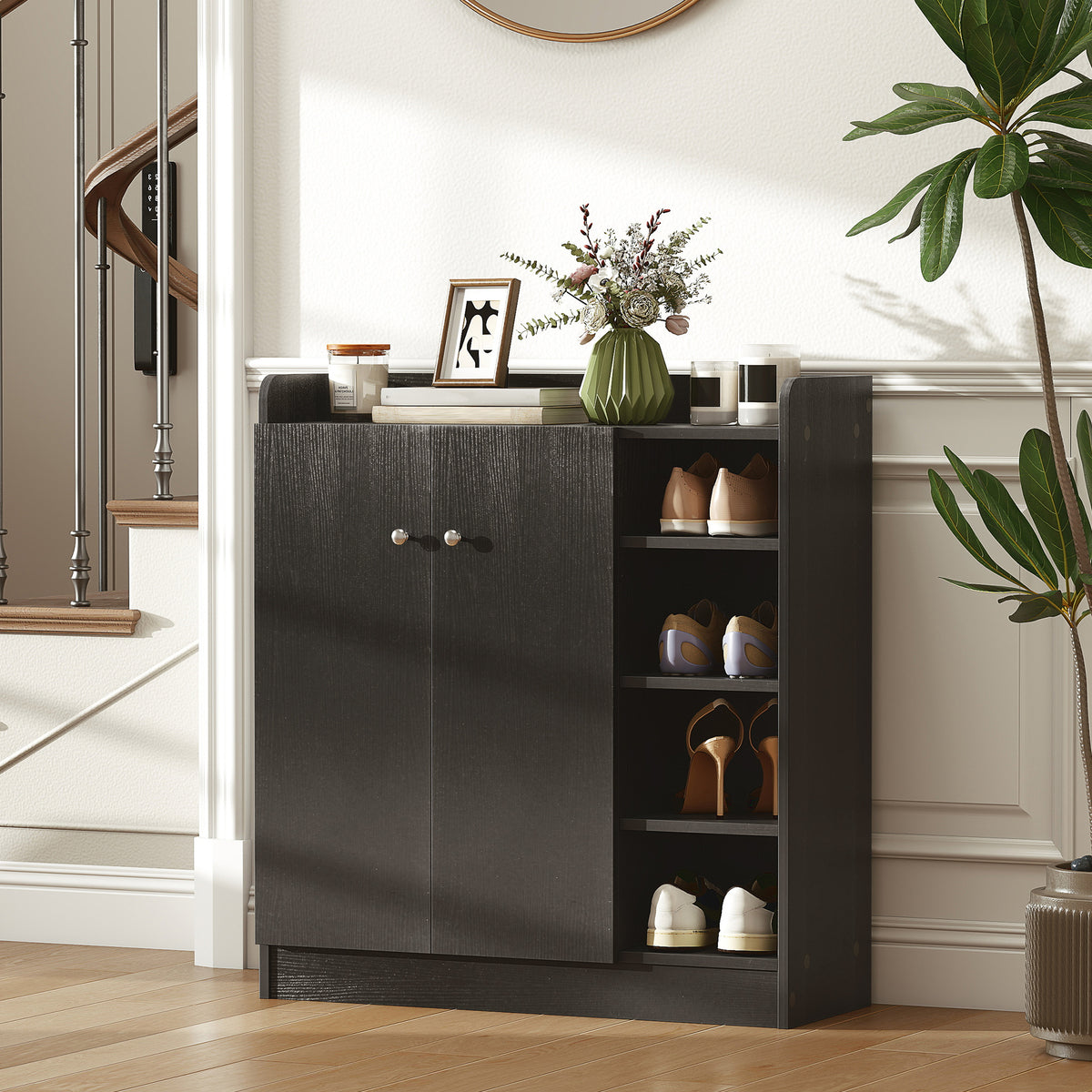 Meuble de rangement à chaussures pour entrée 12 paires - armoire à chaussures avec 4 compartiments ouverts- noir-9