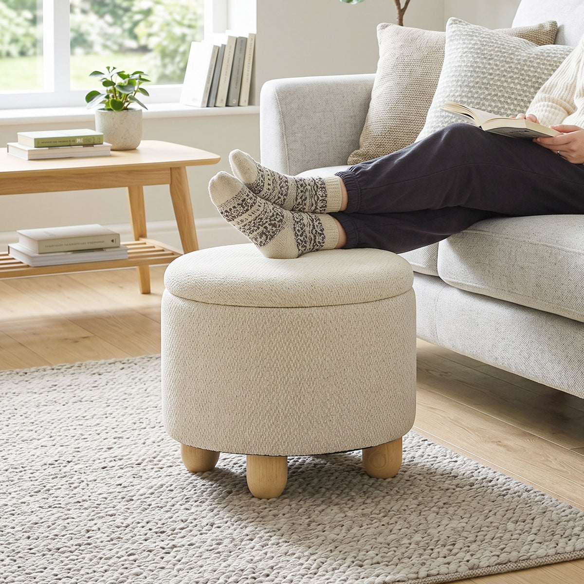 Pouf Coffre de Rangement Rond en Toile de Jute, Repose-pieds avec Couvercle, Pieds Bois Hévéa, Beige-1