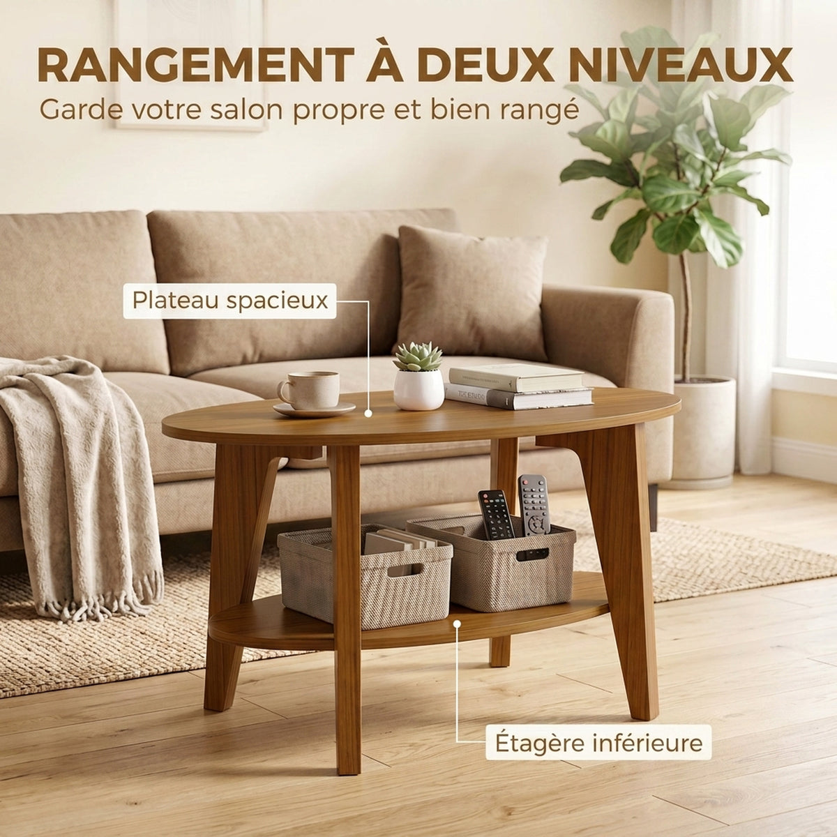 Table Basse Ovale à 2 Niveaux, Table de Salon Moderne avec Étagère Inférieure Ouverte, 80 x 50 x 45 cm, Chêne-5