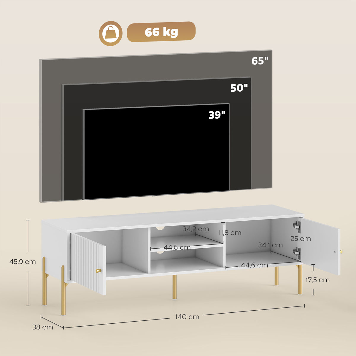 Meuble TV, meuble télé jusqu'à 65 pouces avec 2 portes, 2 compartiments ouverts, pieds en acier, 140x38x45,9cm, blanc-2