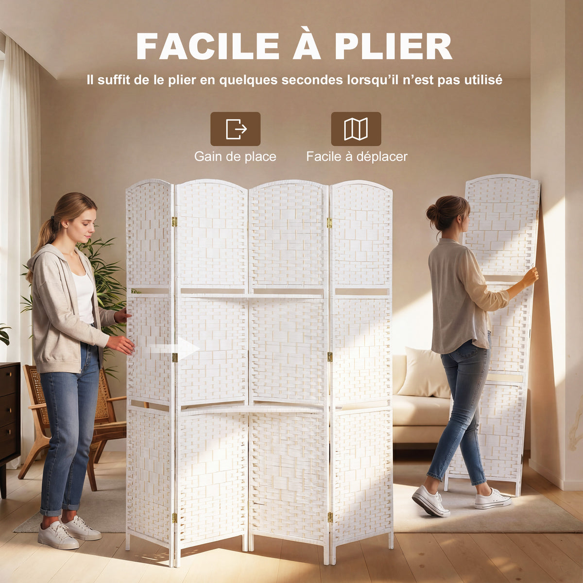Paravent séparateur de pièce 4 panneaux 160 x170 cm avec 2 étagères, pliable, en bois-3