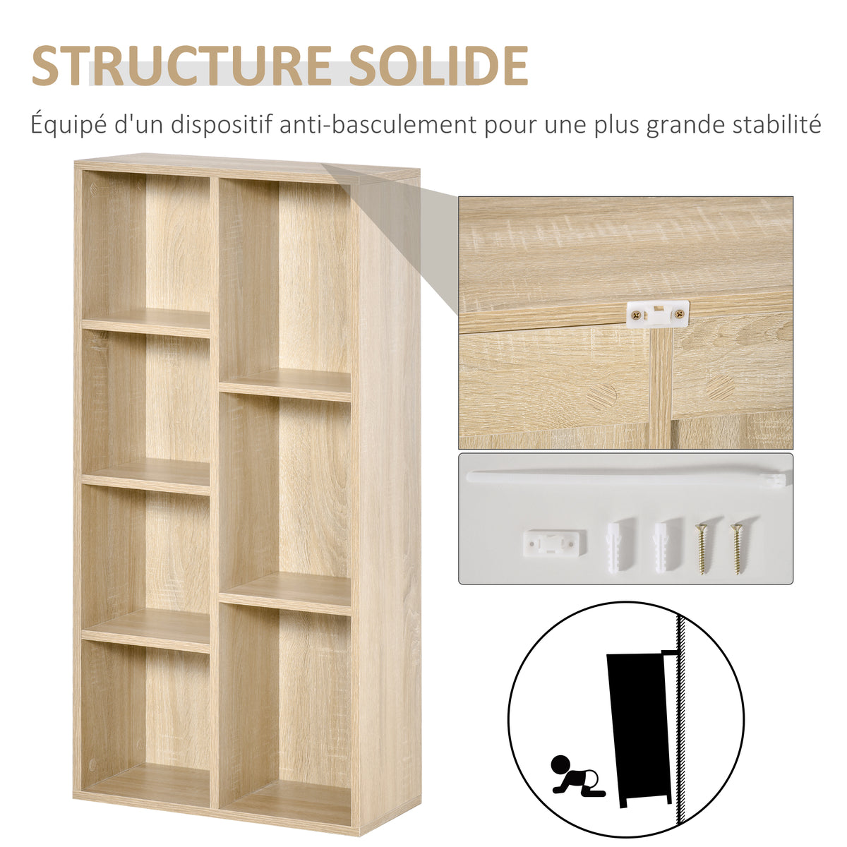 Meuble de rangement Bibliothèque étagère 7 cubes pour intérieur, salon, chambre - 50l x 24P x 106H cm, bois naturel-4