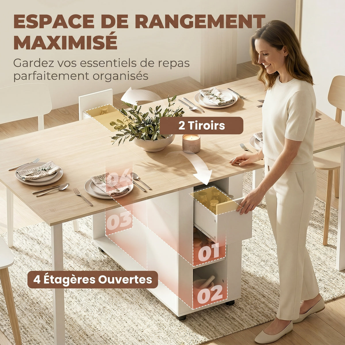 Table à manger pliante pour 6 personnes 39-168 cm, table de cuisine avec 2 tiroirs et 4 étagères ouvertes, blanc-3