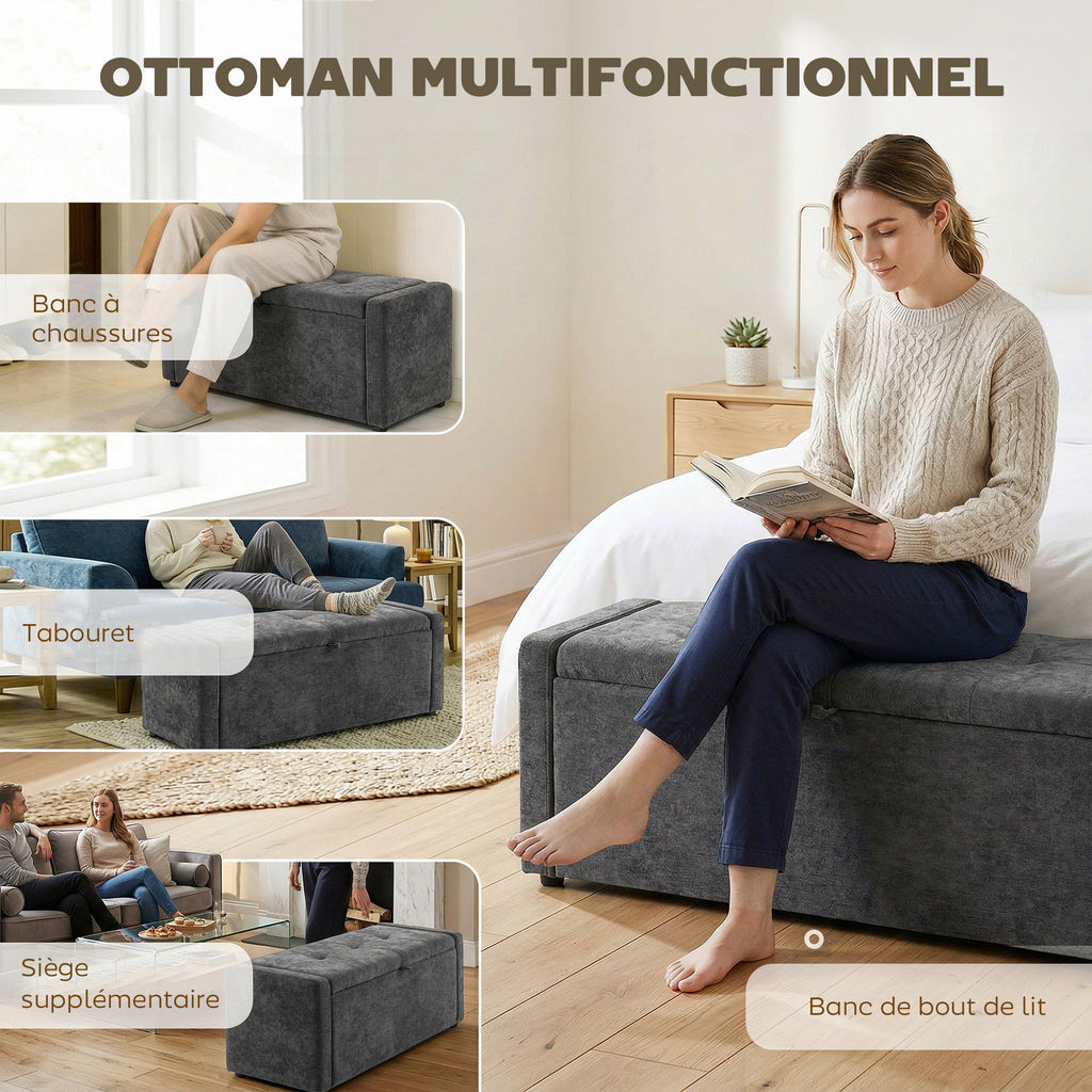 Banc de rangement, bout de lit, repose-pieds rembourré en lin avec assise large, 122 x 48 x 44 cm, gris foncé-6