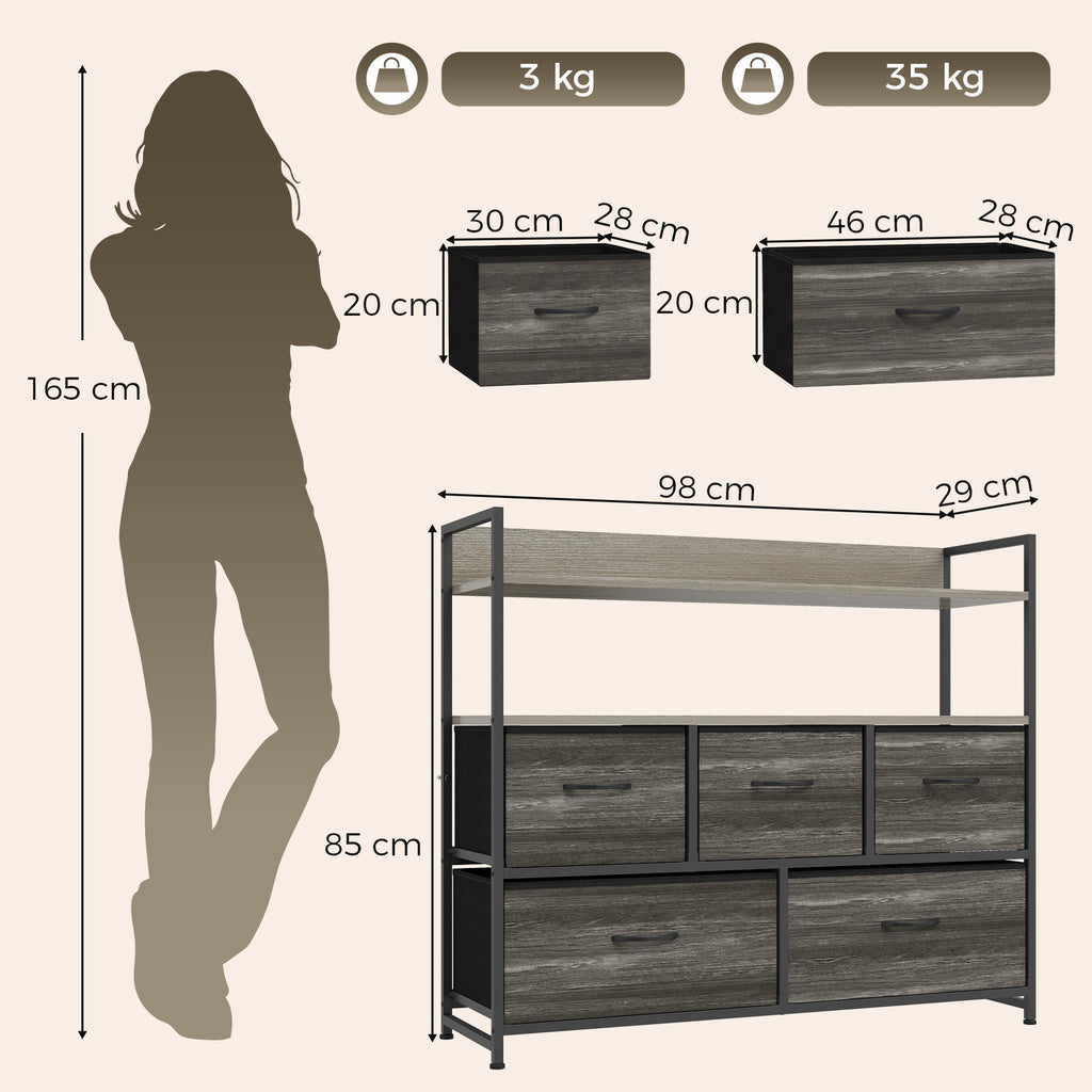 Commode 5 Tiroirs en Tissu Pliables, Meuble de Rangement avec Étagères Ouvertes, Plateau Supérieur, Gris-2