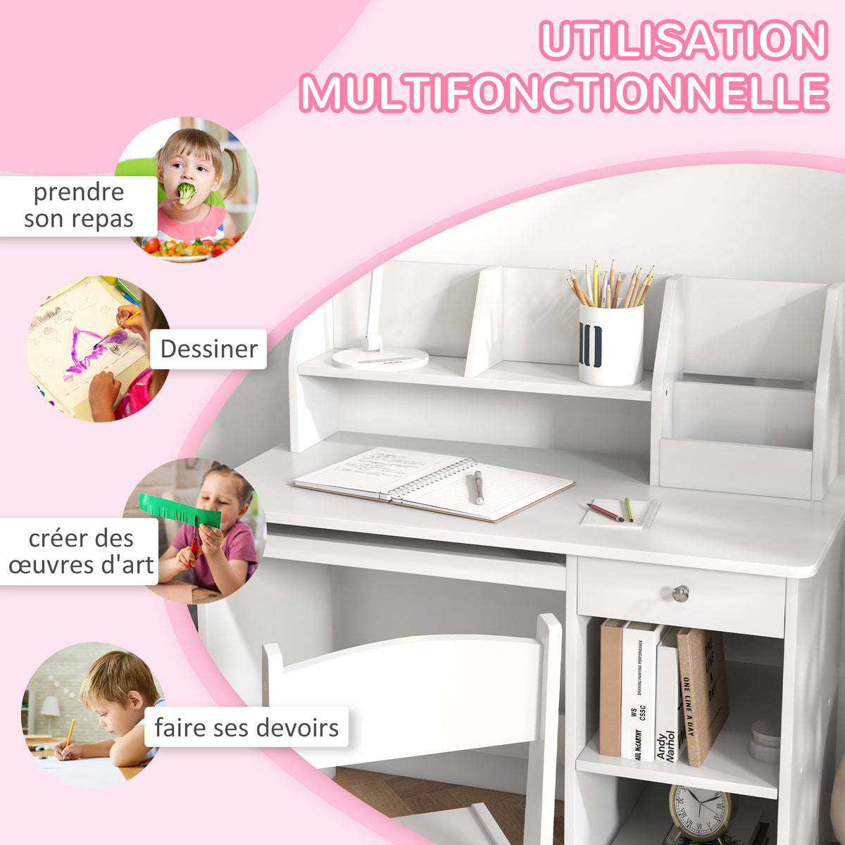 Bureau enfant avec chaise ergonomique avec clavier coulissant tiroir niches et étagères ouvertes 90 x 45 x 90 cm blanc-4