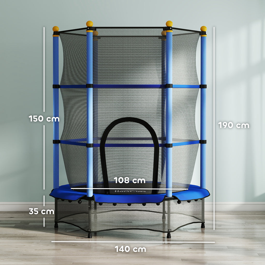 Trampoline Enfant Ø 1,40 × 1,90H m Filet de sécurité Porte zipée Couvre-Ressorts 6 poteaux rembourrés Inclus Bleu-2