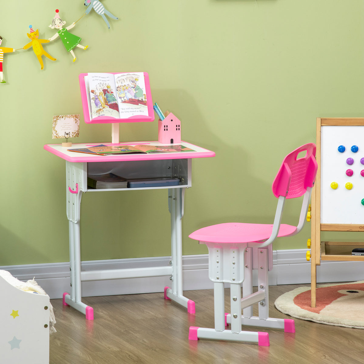 Bureau et chaise pour enfant avec support de lecture casier crochet et porte stylo 60 x 45x 90-102 cm rose-9