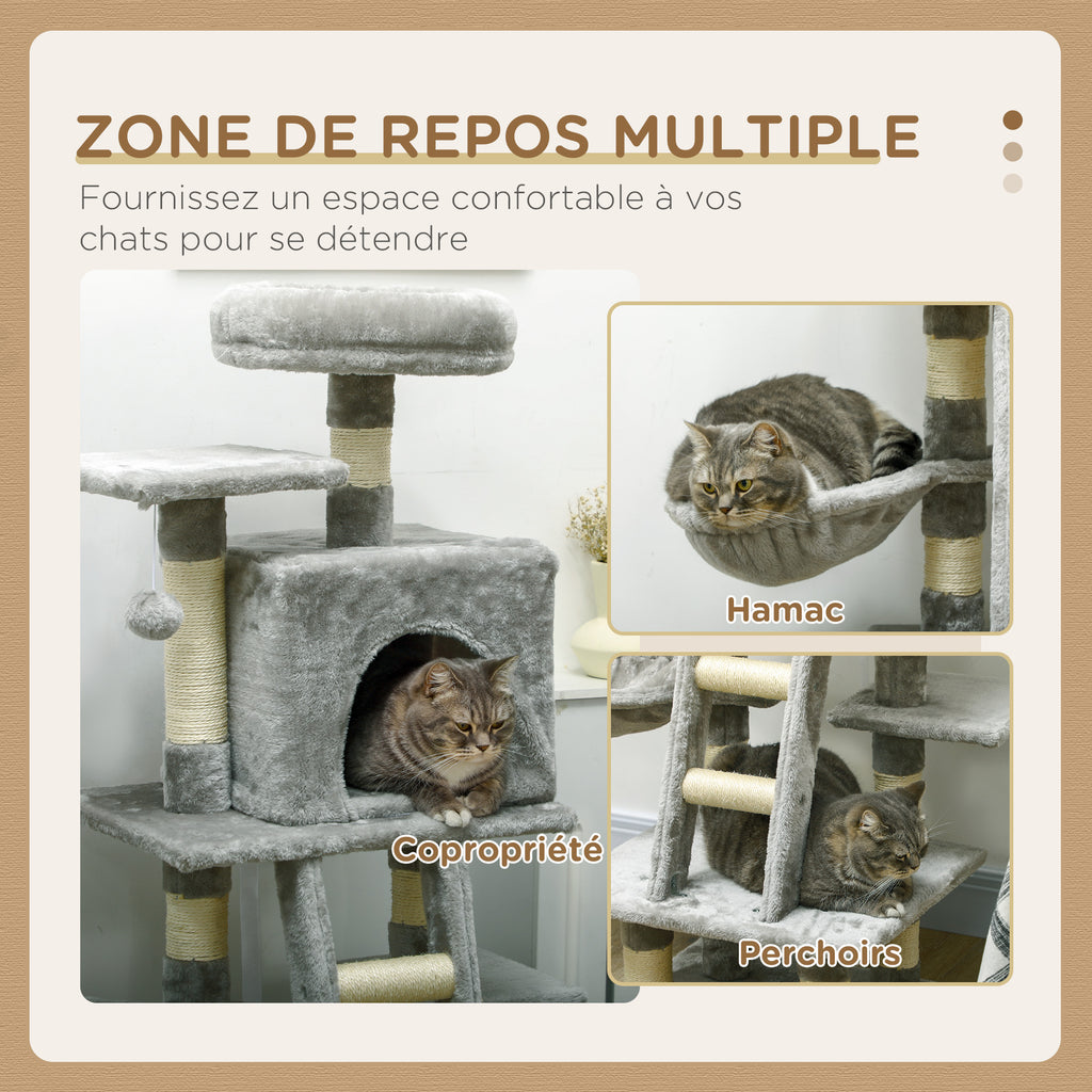 Arbre à chats multi-équipements griffoirs grattoirs niches plate-formes + échelle + hamac+ boule suspendue gris-3