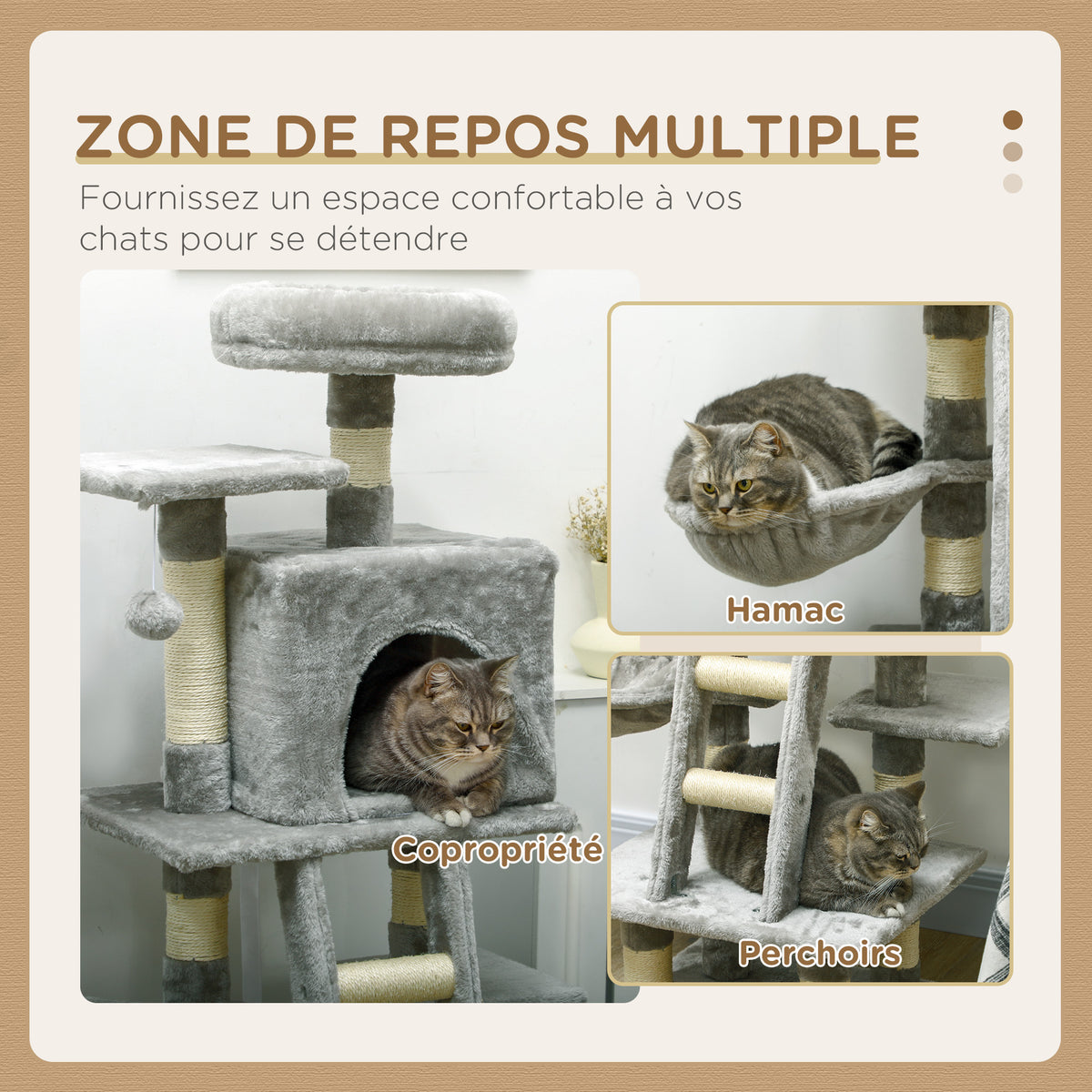 Arbre à chats multi-équipements griffoirs grattoirs niches plate-formes + échelle + hamac+ boule suspendue gris-3