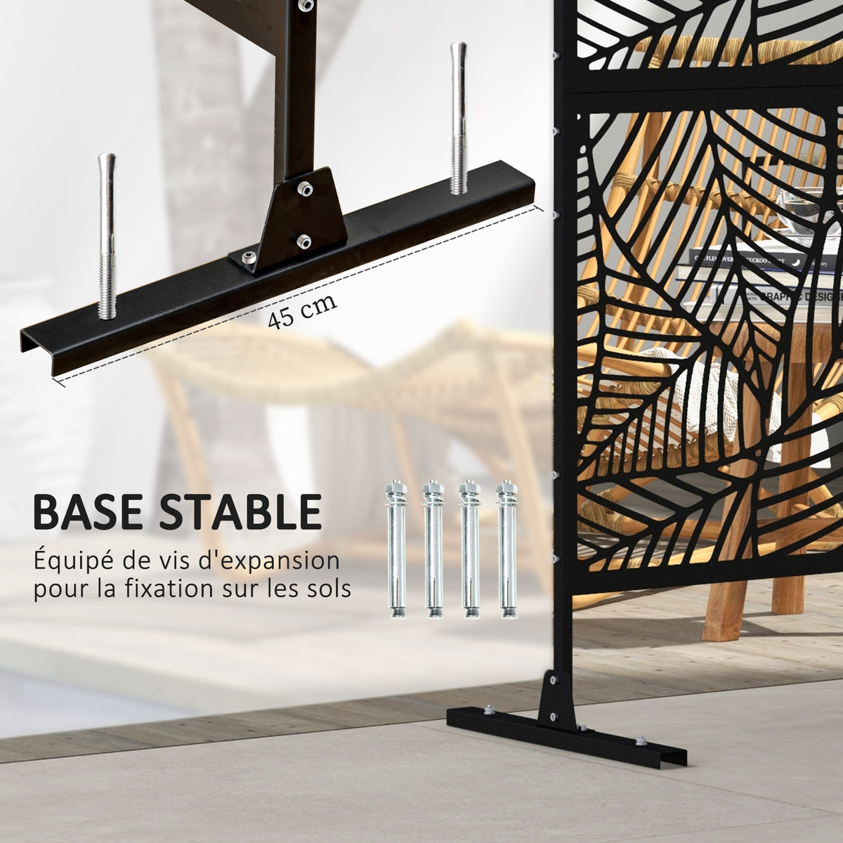 Panneau brise vue décoratif paravent extérieur noir à motif végétal en métal - 122 x 45 x 198 cm, noir-4