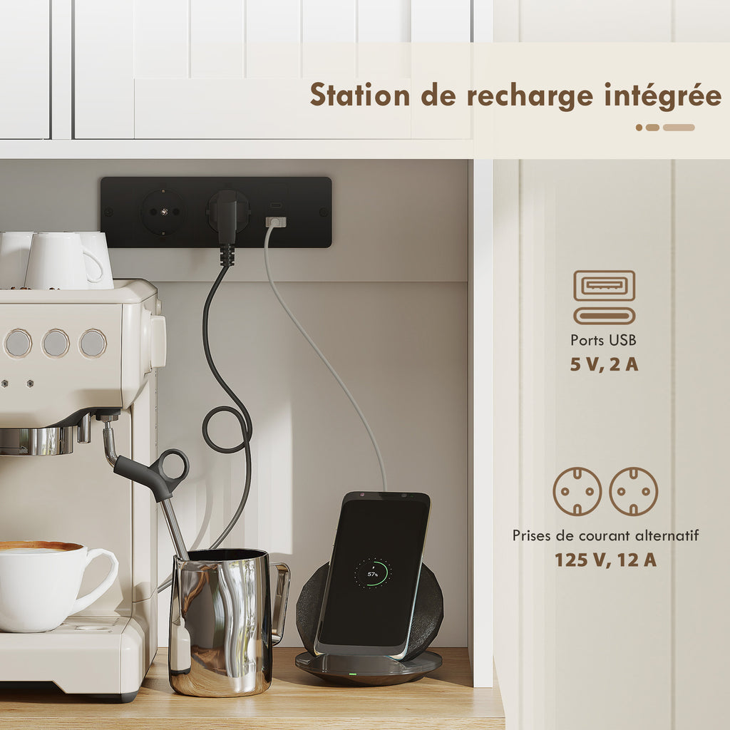 Buffet haut cuisine, armoire de cuisine, station de charge, 6 portes, plan de travail, porte-épices, 100x40x173cm, blanc-5