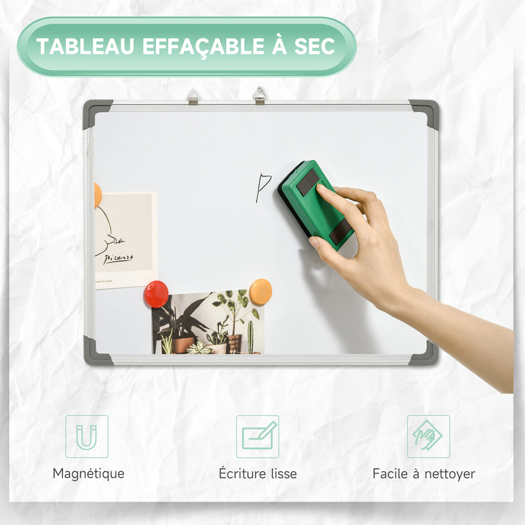 Tableau blanc magnétique cadre aluminium 60 x 45 cm avec feutres, effaceur et aimants-3