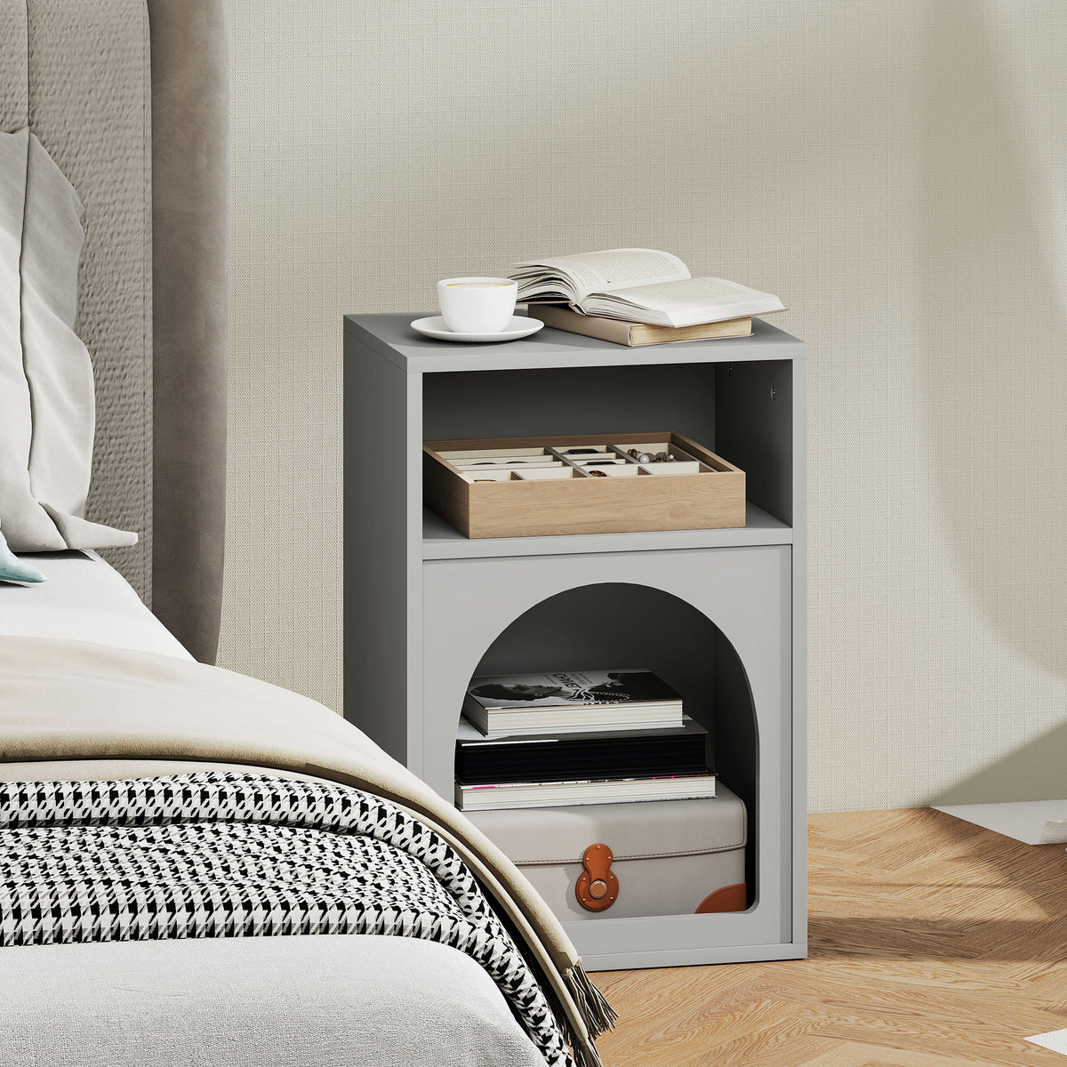 Table de chevet, table de nuit avec compartiments ouverts, design arqué, 40 x 30 x 60 cm, gris-8