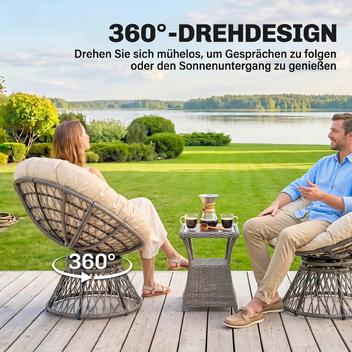 Fauteuil rond de jardin fauteuil papasan pivotant Ø 97 x 90H cm grand coussin fourni polyester résine tressée-3