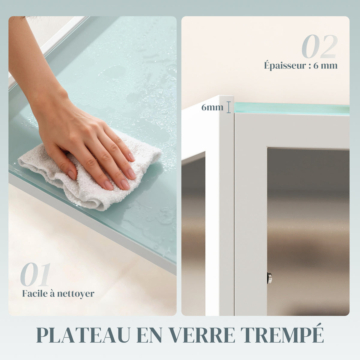 Table à manger pour 4 personnes, table de cuisine avec plateau en verre trempé et pieds en métal, 120x60x75cm, blanc-3